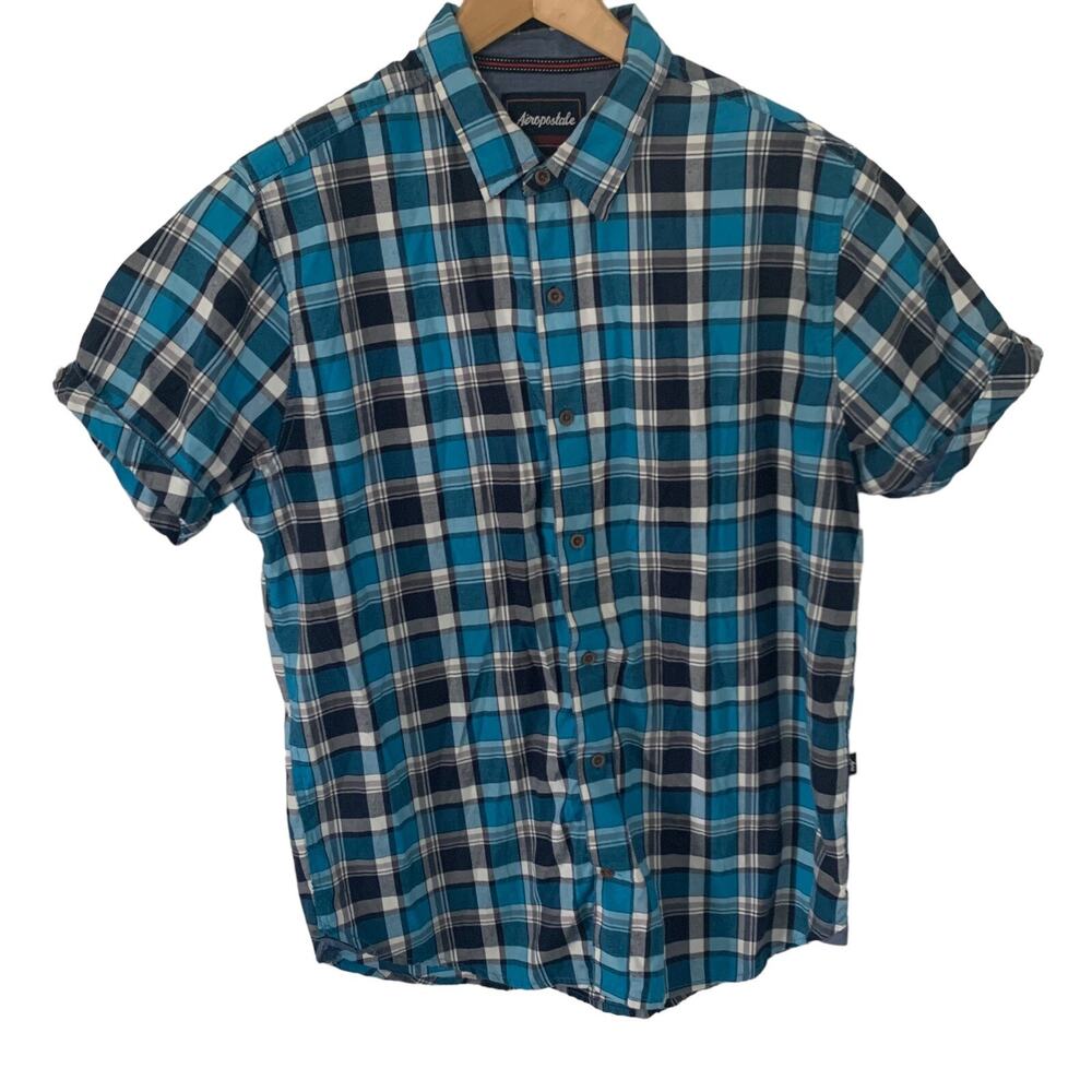 Aeropostale Shirt Mens Large L Blue Plaid Short Sleeve Button Up Cotton Casual
